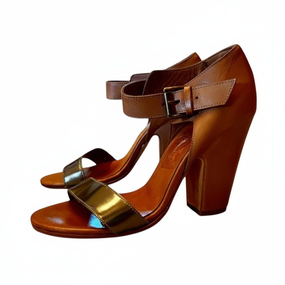 LATITUDE I FEMME Italian Natural Leather & Metallic Block Heels Size 37 or 7.5